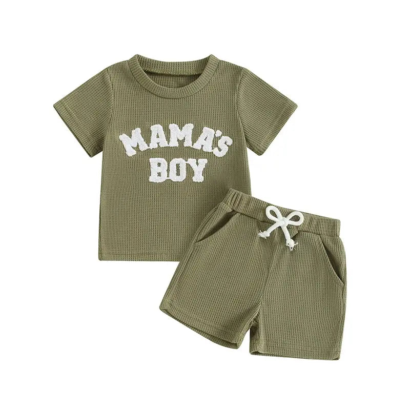 Lioraitiin Summer Baby Boy Clothes Letter Embroidery Short Sleeve T-Shirt Shorts Set 2Pcs Waffle Knit Outfit