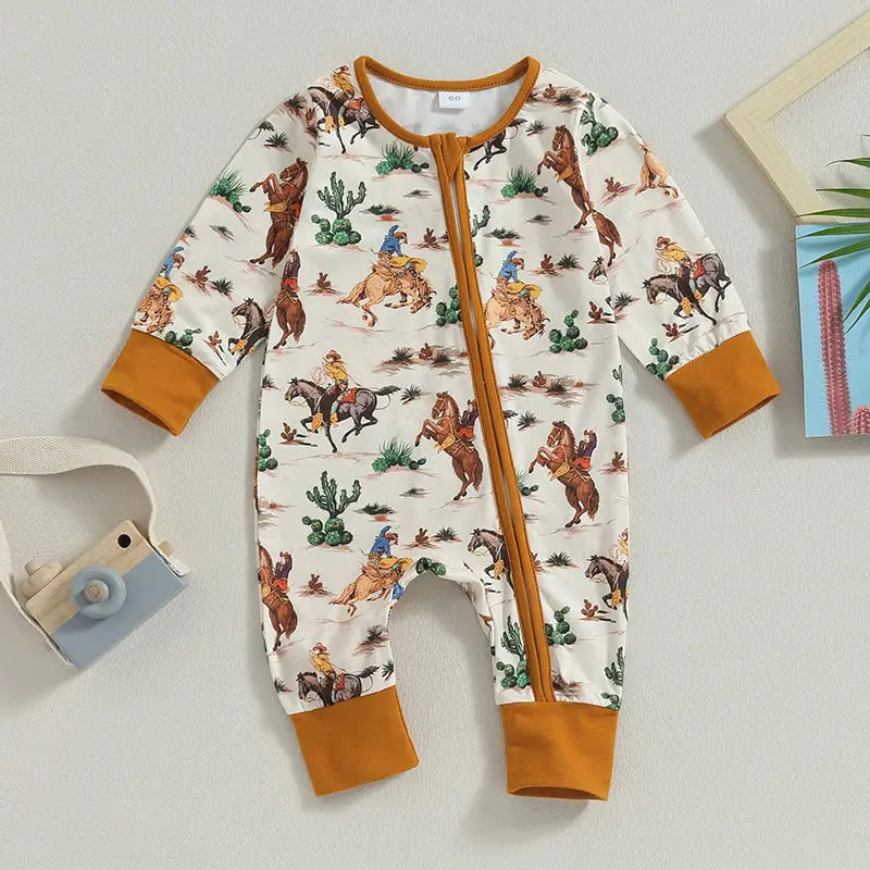 2023-07-18 Lioraitiin 0-12M Infant Baby Boys Jumpsuit Long Sleeve Cow/Horse Print Zipped Autumn Newborn Romper Clothes