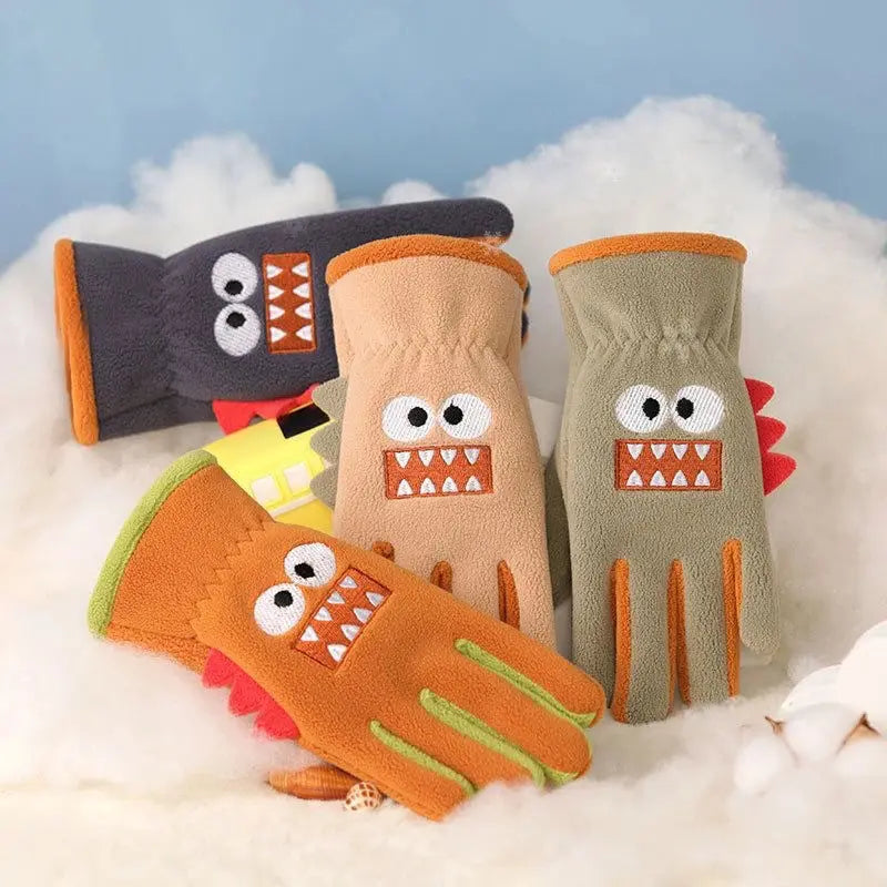 Winter Kids Plush Gloves Outdoor Riding Ski Glove Waterproof Anti-Cold Children Five Finger Mittens 6-12 Year Baby Hand Warmer
