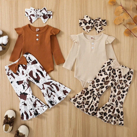 Citgeett Autumn Infant Baby Girls Jumpsuit Ribbed Fly Sleeve Romper + Leopard Flare Pants