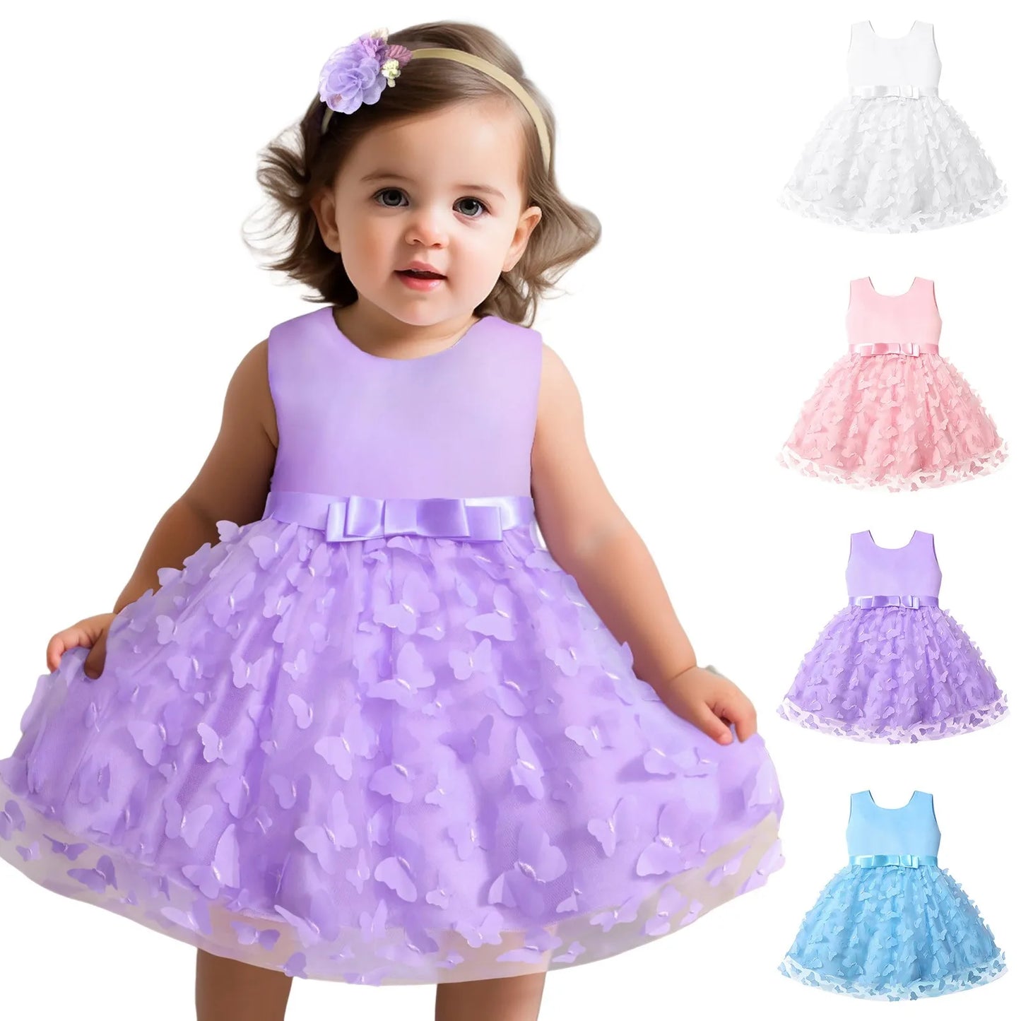 Elegant baby girl party dress with butterfly embroidery, tulle skirt, and bowknot for infant birthdays and pageants