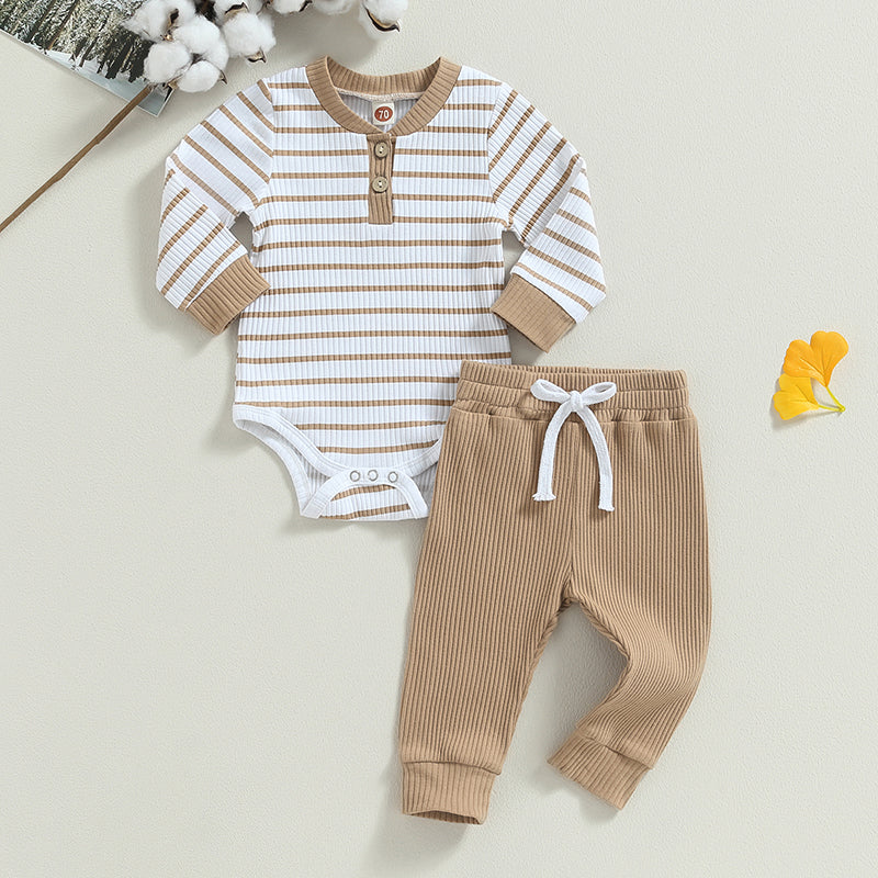 Infant boy fall outfit set: striped long-sleeve romper and matching pants for autumn wear