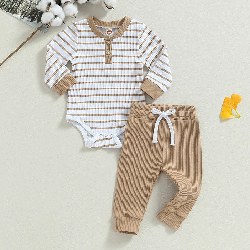 Infant boy fall outfit set: striped long-sleeve romper and matching pants for autumn wear