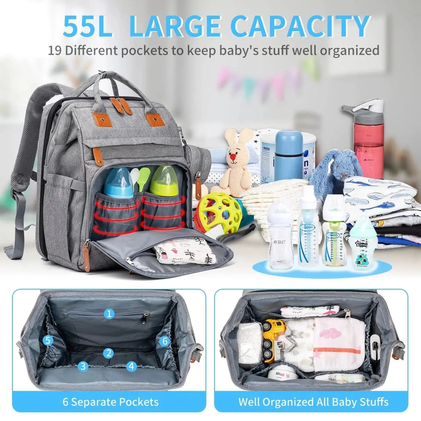 Baby Diaper Bags with Changing Station, Waterproof Large Capacity Diaper Bag Backpack for Moms Dads with USB Charging Port and Stroller Straps, Baby Shower Gifts ，Pink,Green,Blue