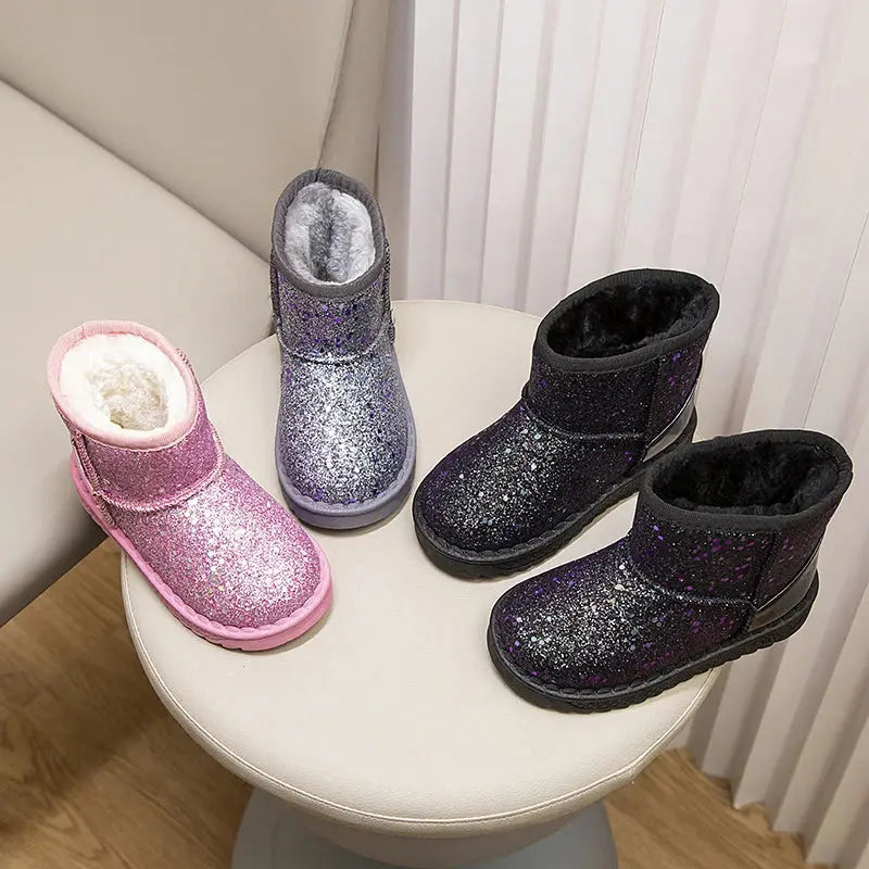 Winter Girl's Snow Boots Glimmer Three Colors Thick Fur Kids Short Boot Warm Beautiful Stylish Slip-on Children Shoes