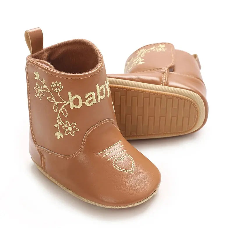 2025 New 0-12 Months Baby Boots Cowboy Boots High Top PU Leather Boots Embroidered Baby Boots