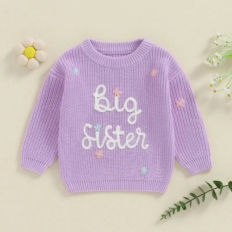 Big Sister Sweaters Cute Long Sleeve Letter Embroidery Knit Pullover Toddler Loose Tops