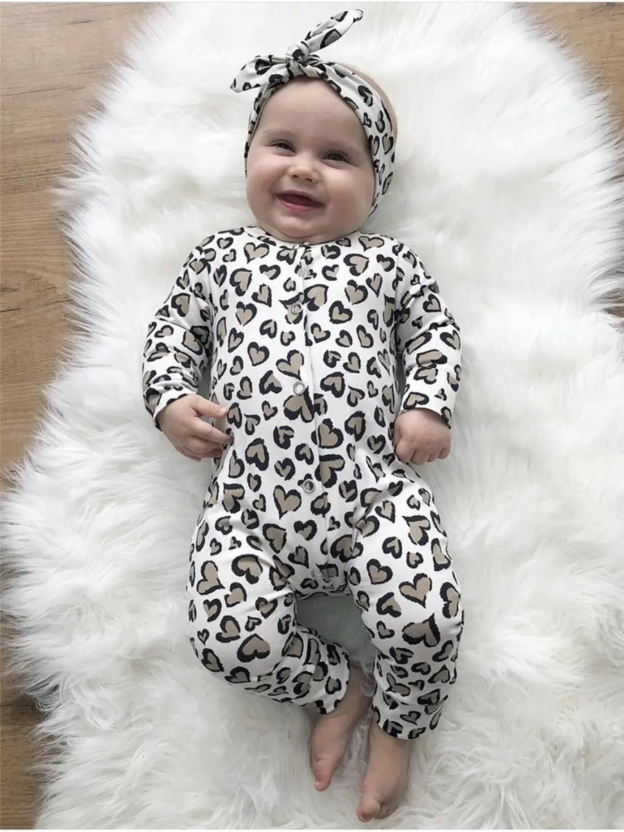 Infant Baby Girls Romper Hearts Print Long Sleeve Jumpsuit with Headband