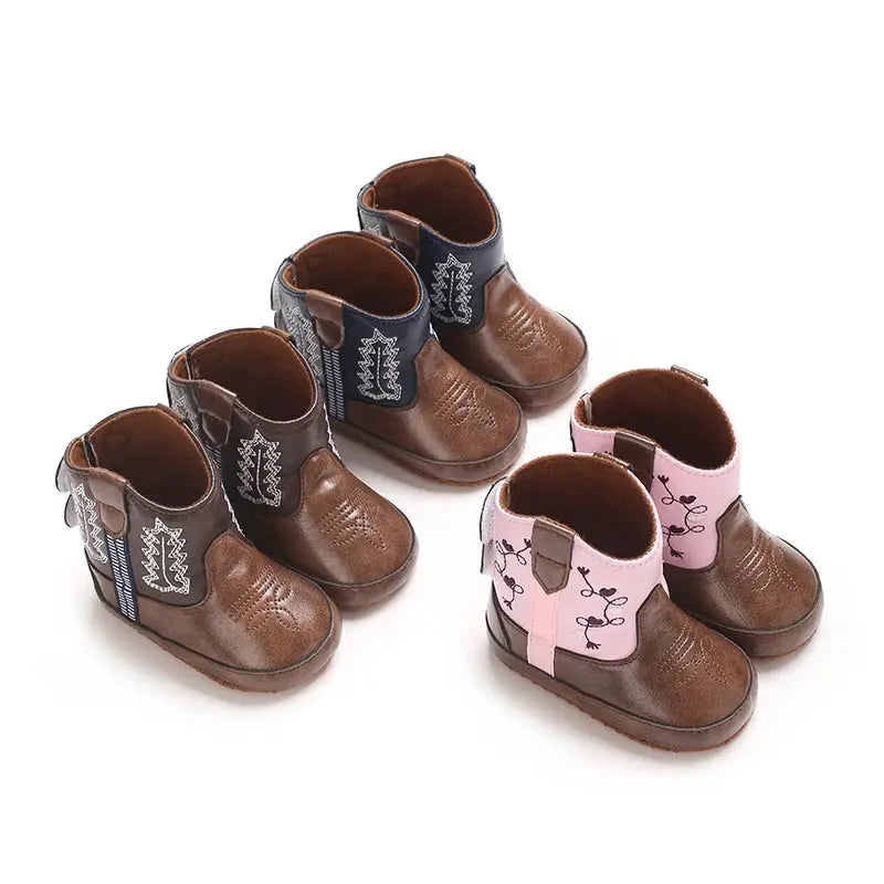 2025 New 0-12 Months Baby Boots Cowboy Boots High Top PU Leather Boots Embroidered Baby Boots