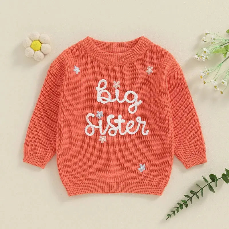 Big Sister Sweaters Cute Long Sleeve Letter Embroidery Knit Pullover Toddler Loose Tops