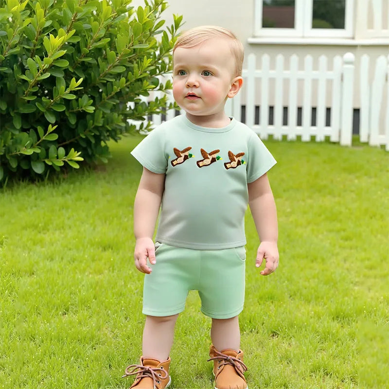 Lioraitiin Toddler Baby Boy Summer Set – Fish/Duck Embroidery Shirt + Shorts