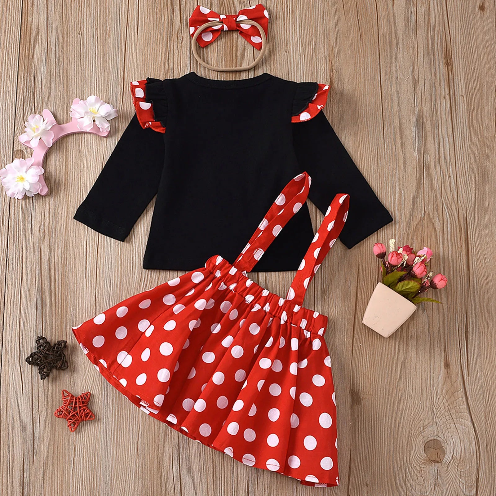 Toddler girl Christmas outfit set – long-sleeve ruffle dot-print top, suspender skirt, and matching headband