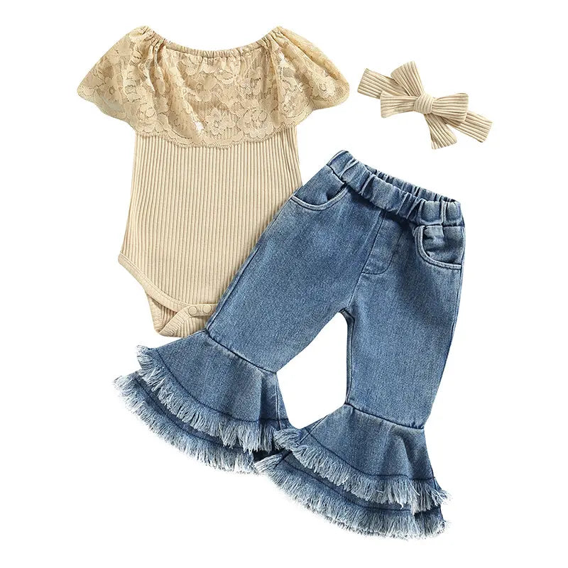 2023-01-07 Lioraitiin 0-24M Infant Baby Girls 3Pcs Summer Pants Set Sleeveless Lace Patchwork Romper with Tasseled Flare Pants