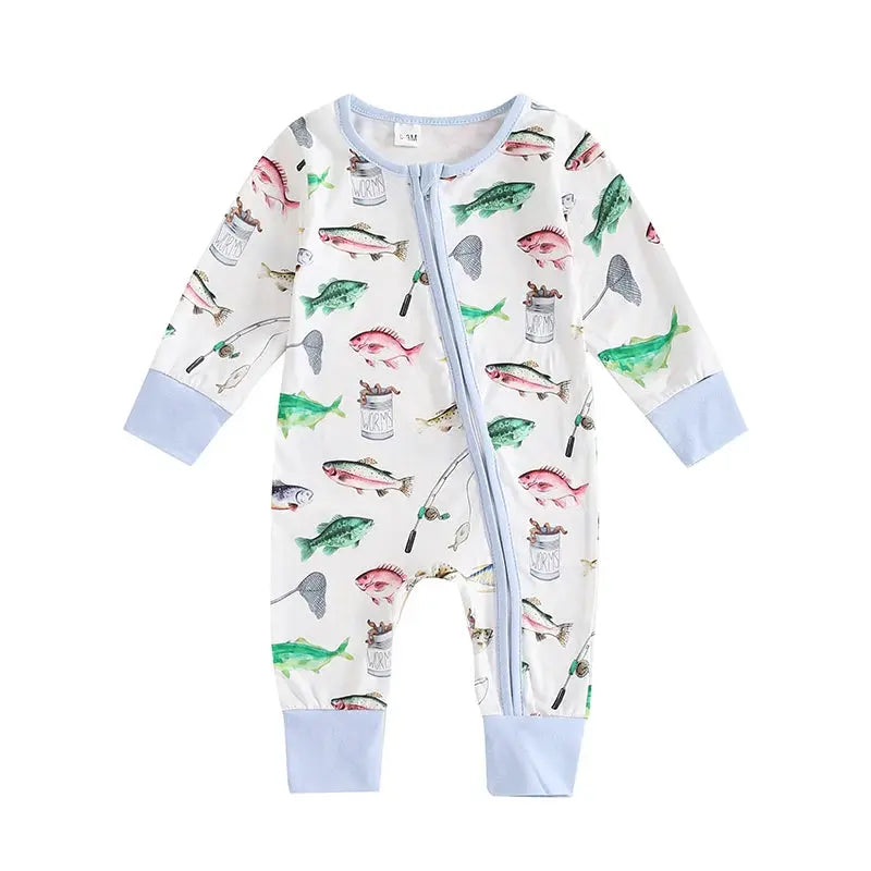 Baby Boys Autumn Casual Romper Long Sleeve Crew Neck Fish Print Oblique Zipper Jumpsuit