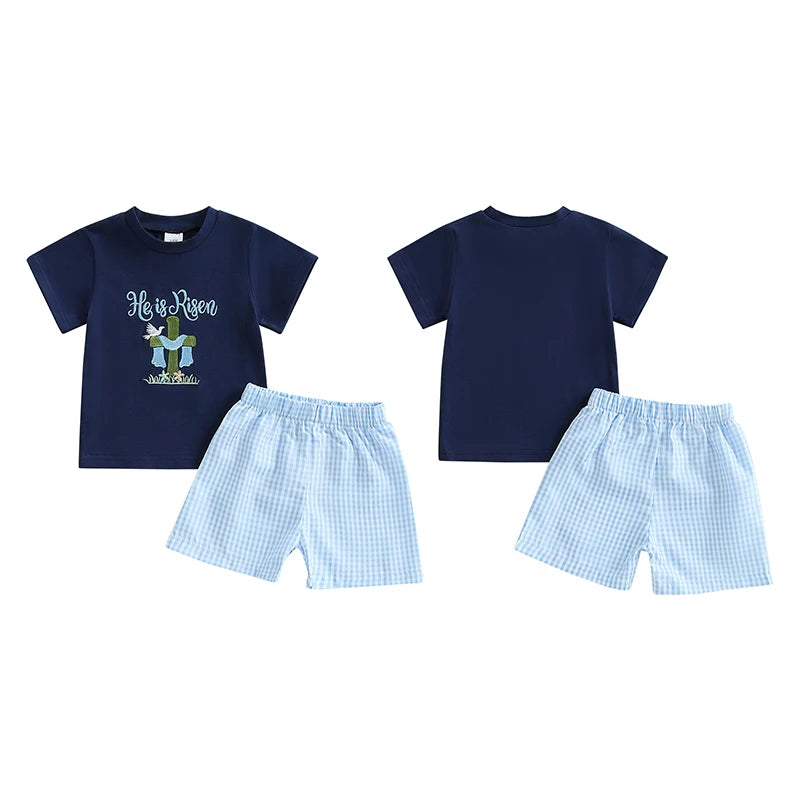 Toddler boy Easter outfit: short-sleeve bunny embroidery tee with plaid shorts for boys 0–3 years