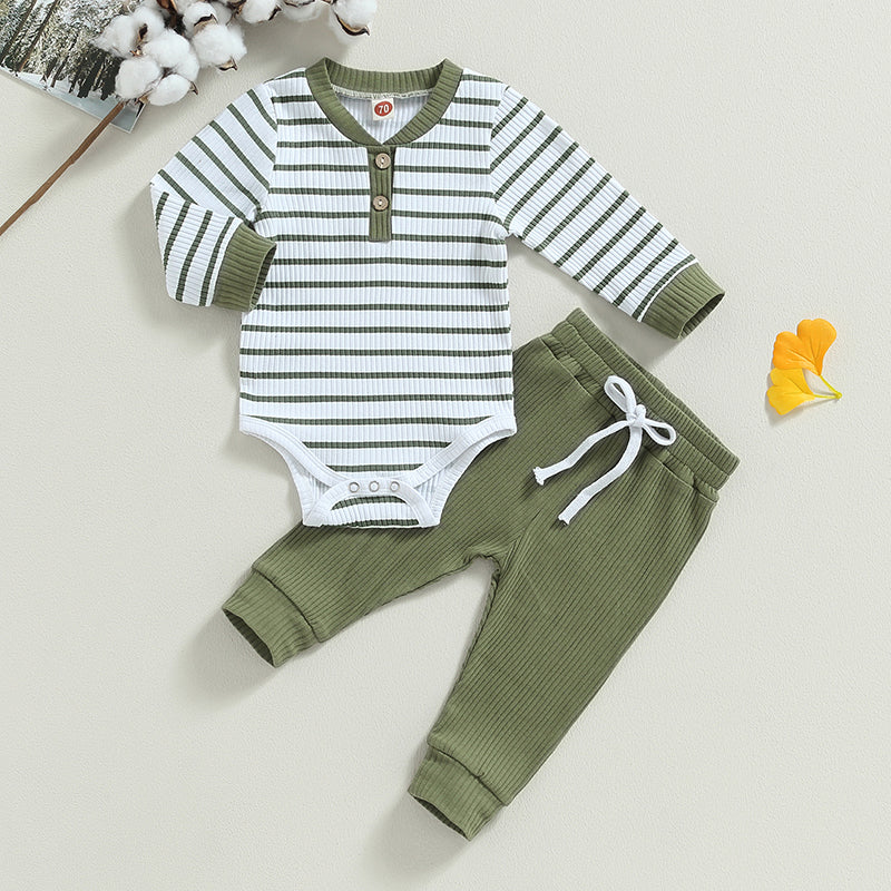 Infant boy fall outfit set: striped long-sleeve romper and matching pants for autumn wear