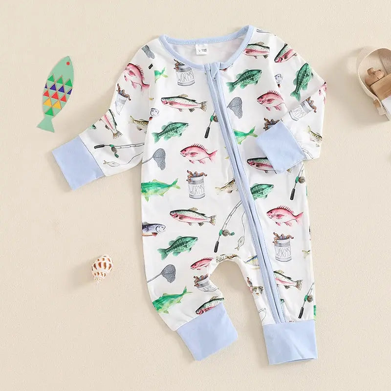 Baby Boys Autumn Casual Romper Long Sleeve Crew Neck Fish Print Oblique Zipper Jumpsuit