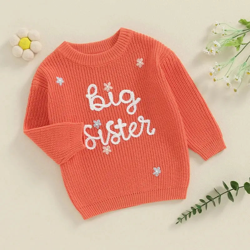 Big Sister Sweaters Cute Long Sleeve Letter Embroidery Knit Pullover Toddler Loose Tops
