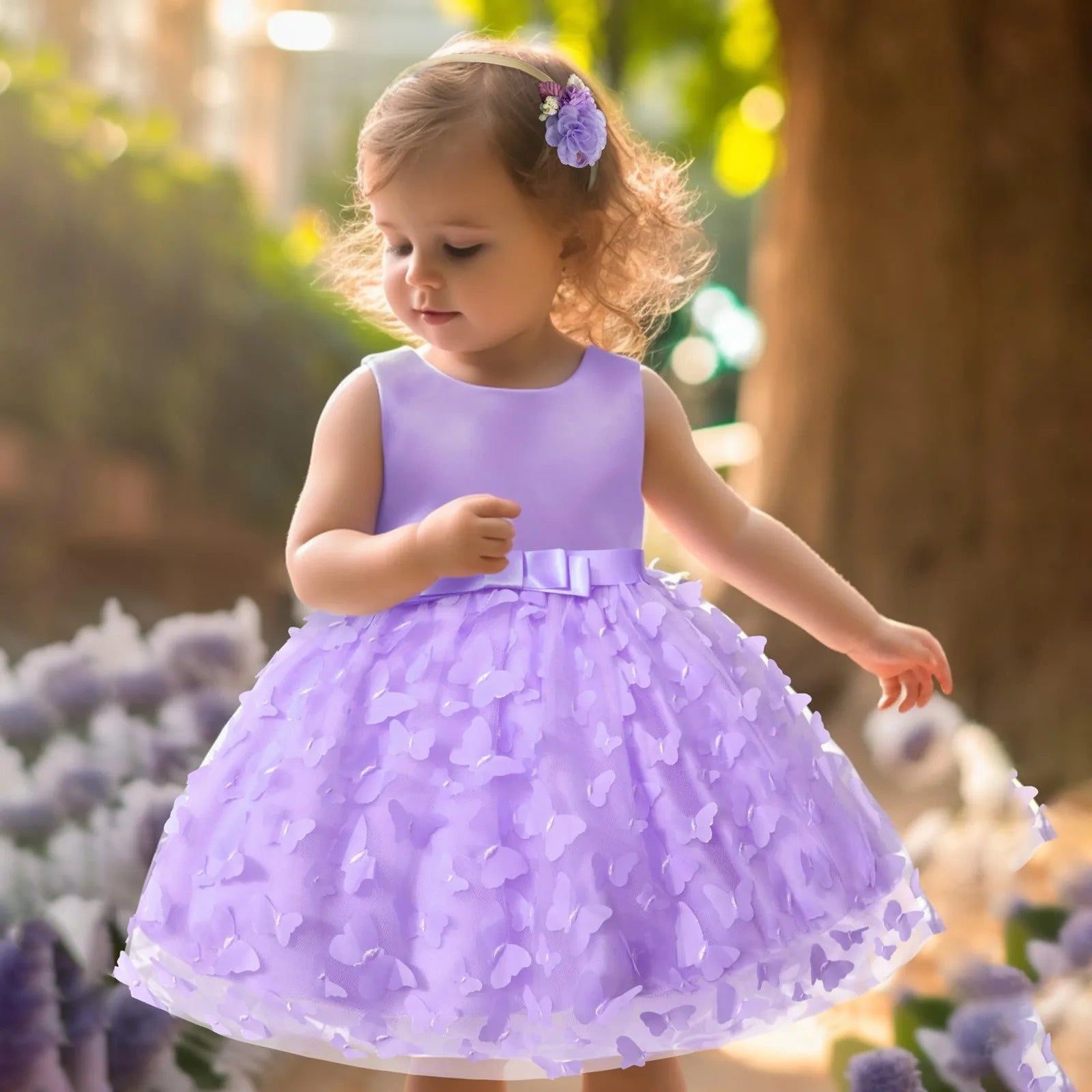 Elegant baby girl party dress with butterfly embroidery, tulle skirt, and bowknot for infant birthdays and pageants