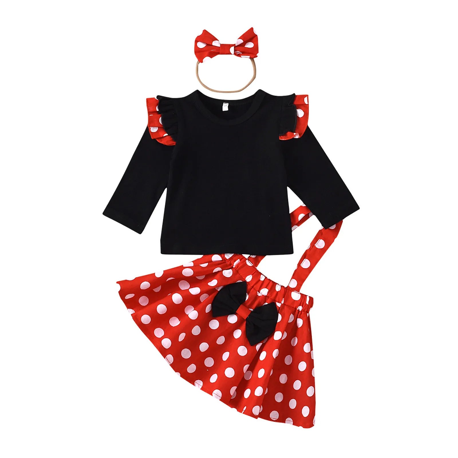 Toddler girl Christmas outfit set – long-sleeve ruffle dot-print top, suspender skirt, and matching headband