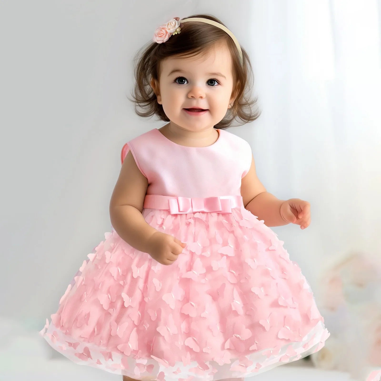 Elegant baby girl party dress with butterfly embroidery, tulle skirt, and bowknot for infant birthdays and pageants
