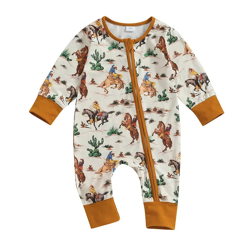 2023-07-18 Lioraitiin 0-12M Infant Baby Boys Jumpsuit Long Sleeve Cow/Horse Print Zipped Autumn Newborn Romper Clothes