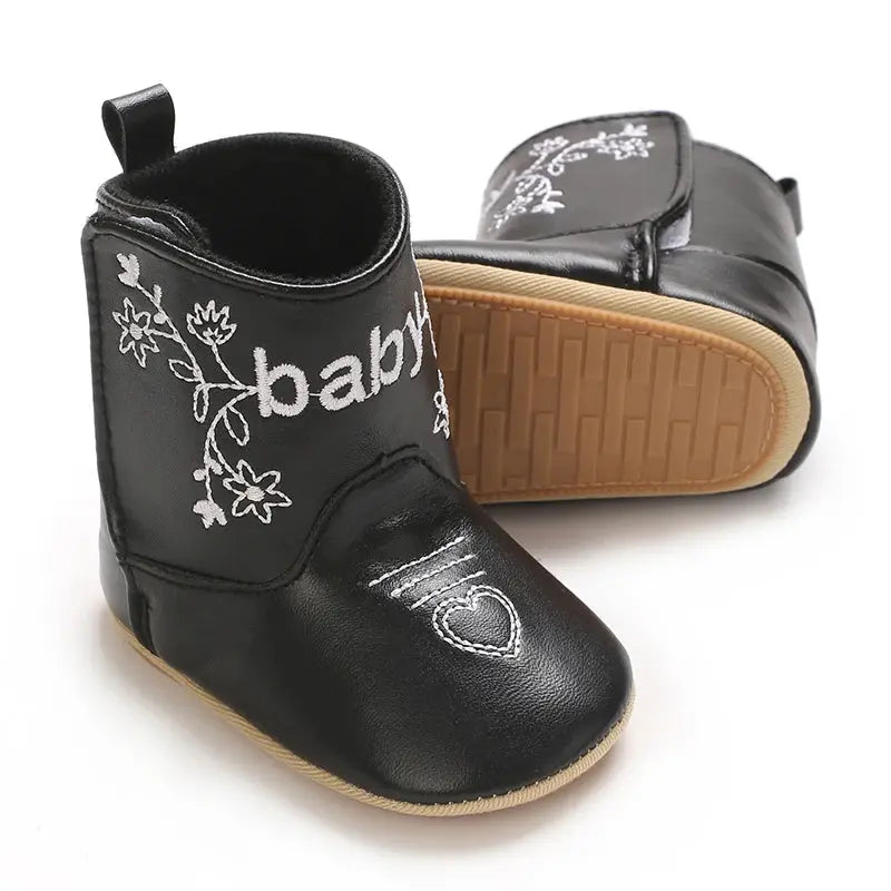 2025 New 0-12 Months Baby Boots Cowboy Boots High Top PU Leather Boots Embroidered Baby Boots