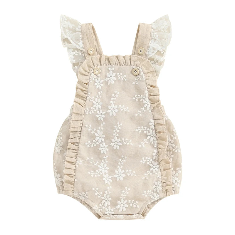 Baby girl lace embroidery romper with frills and fly sleeves – summer jumpsuit for infants 0–12 months
