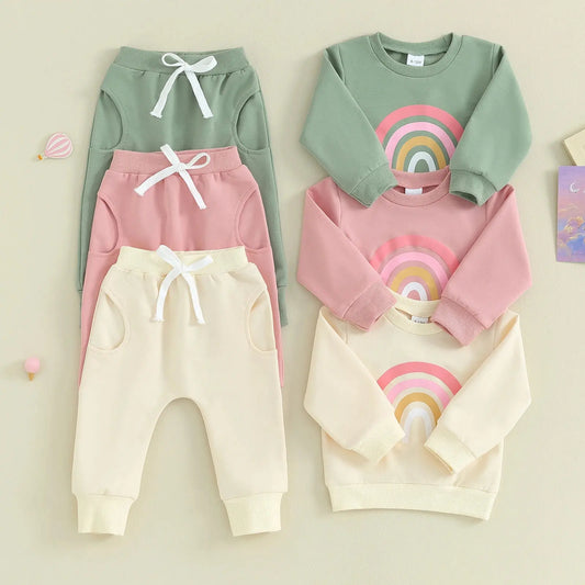 Citgeett Fall Outfits Long Sleeve Rainbow Print Sweatshirt + Pants Clothes Set