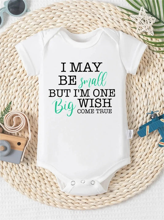 Infant's "I May Be Small" Print Bodysuit, Casual Short Sleeve Romper, Baby Boy's Outdoor Clothing
