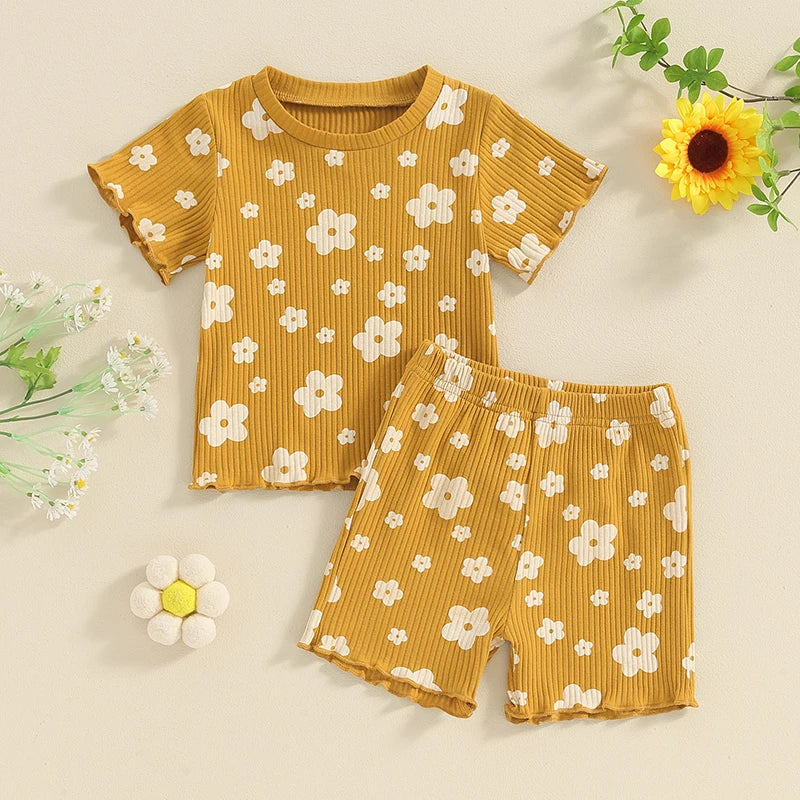 Toddler baby girl summer outfit set with ribbed ruffle short sleeve top and matching shorts – cute infant clothing for girls