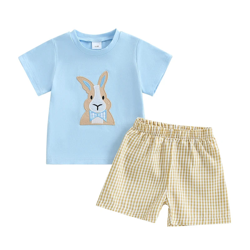 Toddler boy Easter outfit: short-sleeve bunny embroidery tee with plaid shorts for boys 0–3 years