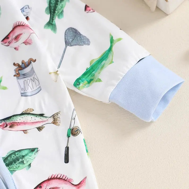 Baby Boys Autumn Casual Romper Long Sleeve Crew Neck Fish Print Oblique Zipper Jumpsuit