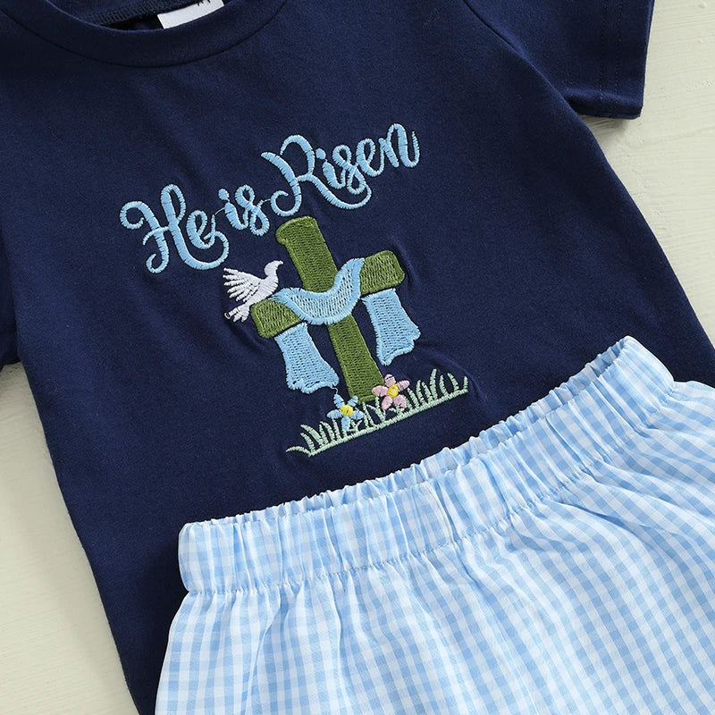 Toddler boy Easter outfit: short-sleeve bunny embroidery tee with plaid shorts for boys 0–3 years