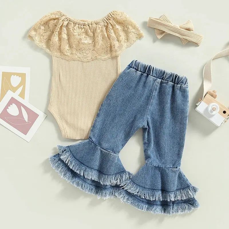 2023-01-07 Lioraitiin 0-24M Infant Baby Girls 3Pcs Summer Pants Set Sleeveless Lace Patchwork Romper with Tasseled Flare Pants
