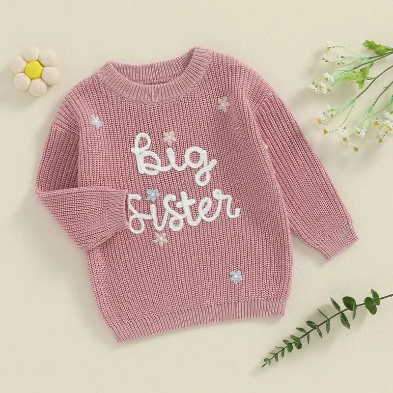 Big Sister Sweaters Cute Long Sleeve Letter Embroidery Knit Pullover Toddler Loose Tops