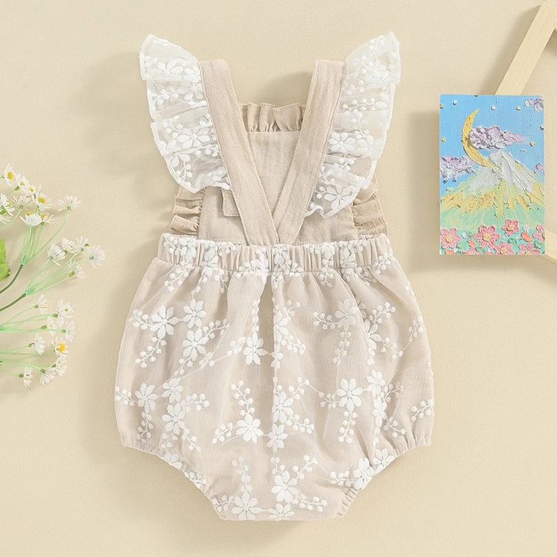 Baby girl lace embroidery romper with frills and fly sleeves – summer jumpsuit for infants 0–12 months
