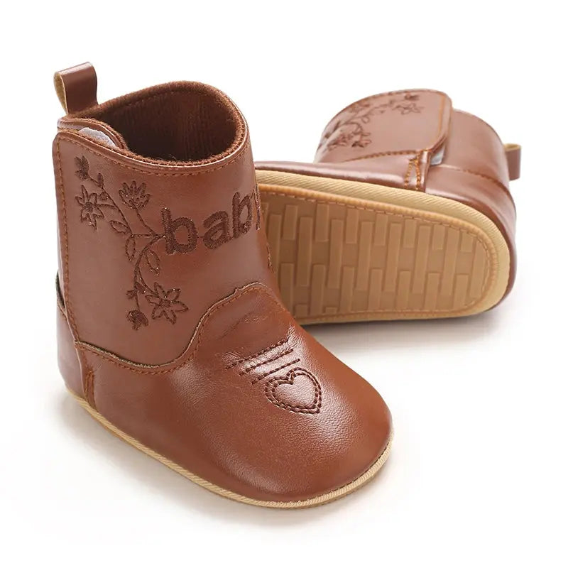 2025 New 0-12 Months Baby Boots Cowboy Boots High Top PU Leather Boots Embroidered Baby Boots