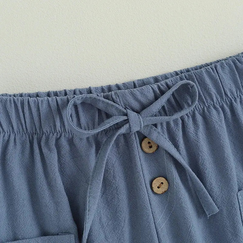 Cotton Linen Casual Baby Pants Toddler Boys Girls Casual Bottom Summer Autumn Solid Drawstring Button Children Pockets Trousers