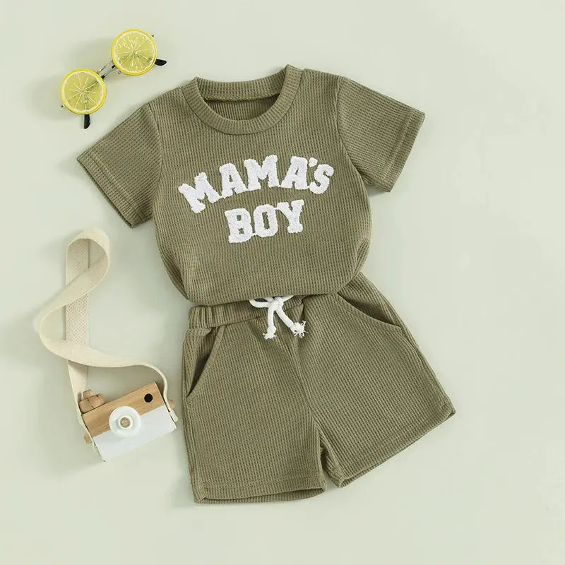Lioraitiin Summer Baby Boy Clothes Letter Embroidery Short Sleeve T-Shirt Shorts Set 2Pcs Waffle Knit Outfit