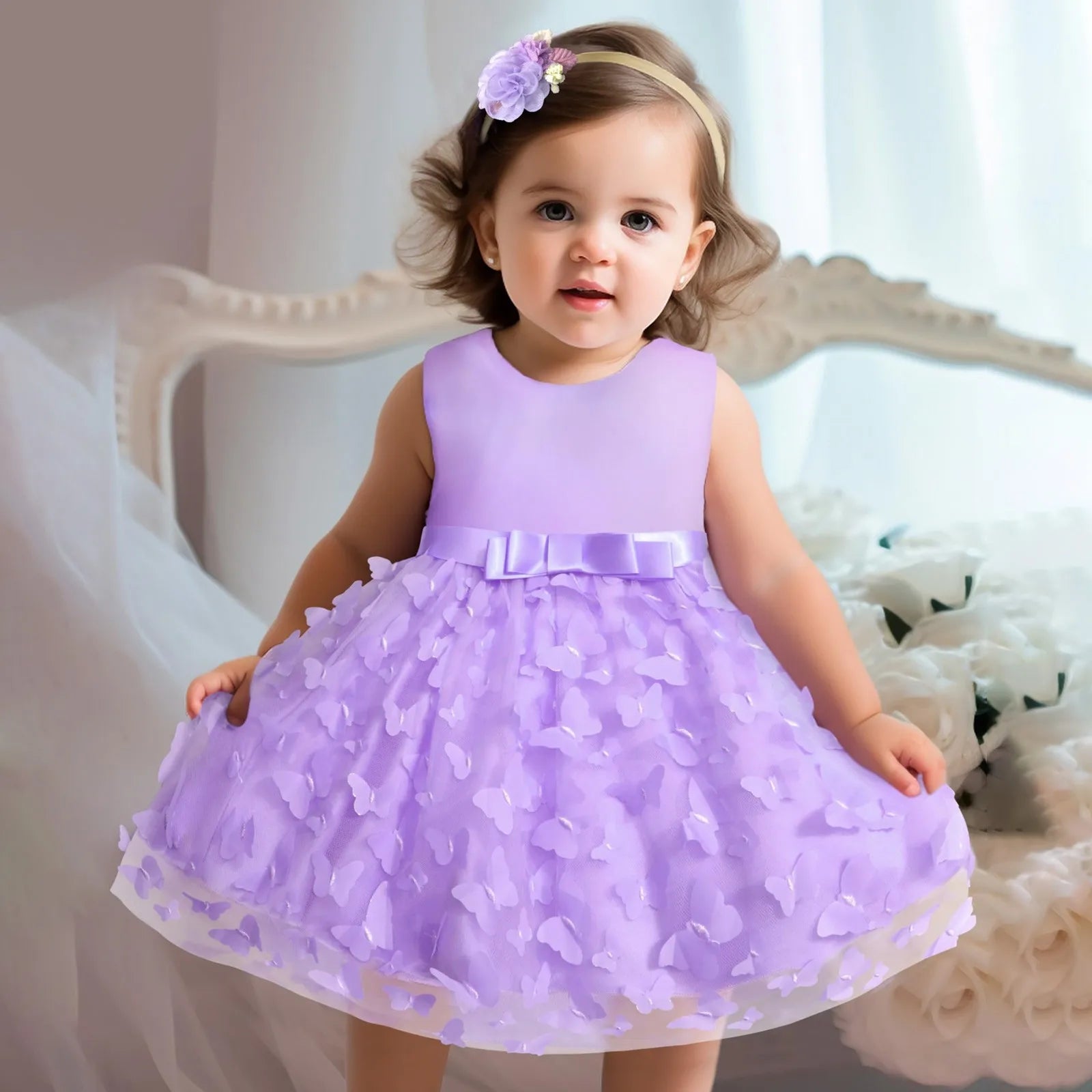 Elegant baby girl party dress with butterfly embroidery, tulle skirt, and bowknot for infant birthdays and pageants