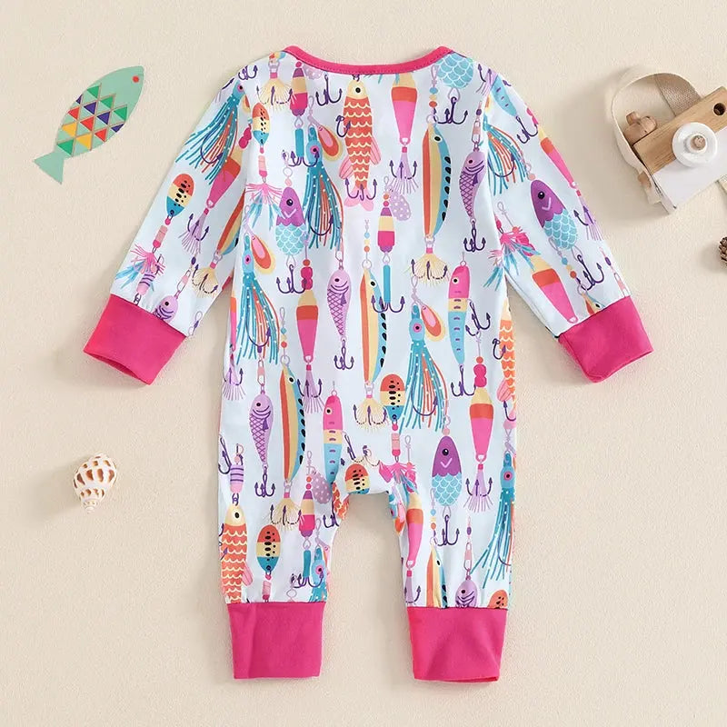 Baby Boys Autumn Casual Romper Long Sleeve Crew Neck Fish Print Oblique Zipper Jumpsuit