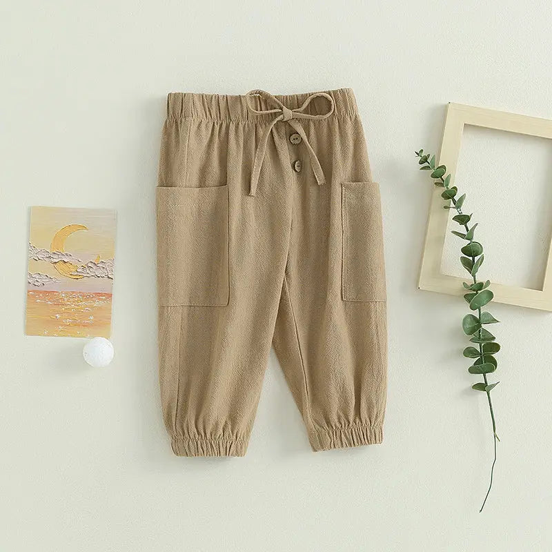 Cotton Linen Casual Baby Pants Toddler Boys Girls Casual Bottom Summer Autumn Solid Drawstring Button Children Pockets Trousers