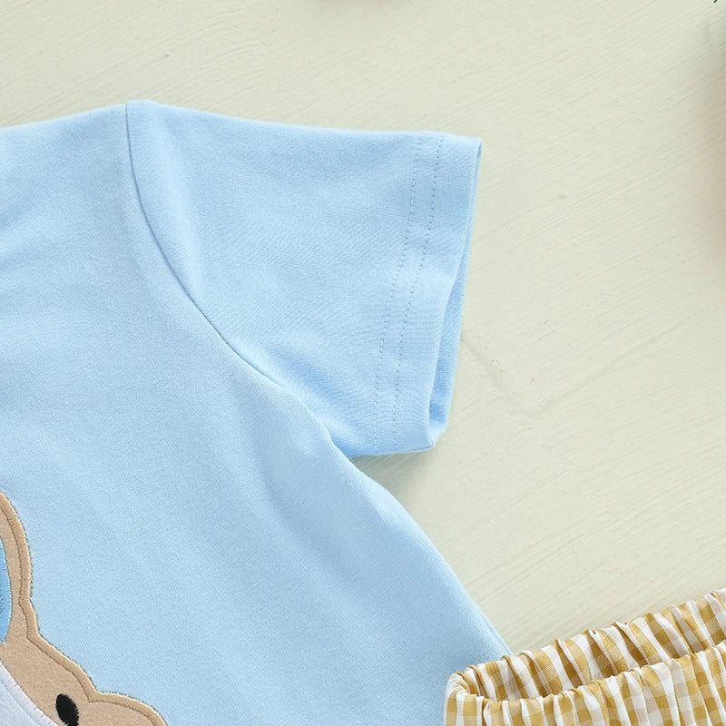 Toddler boy Easter outfit: short-sleeve bunny embroidery tee with plaid shorts for boys 0–3 years