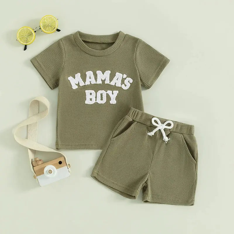 Lioraitiin Summer Baby Boy Clothes Letter Embroidery Short Sleeve T-Shirt Shorts Set 2Pcs Waffle Knit Outfit