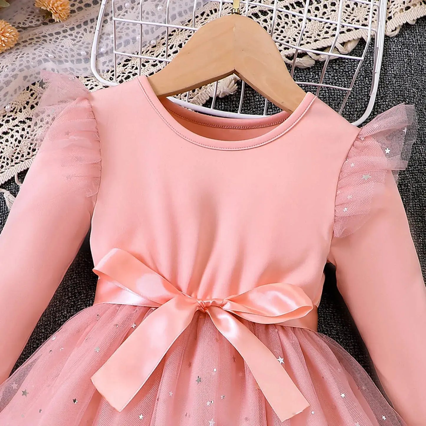 Girls Elegant Dresses Long Sleeve Sequin Design Tulle Bow Dress Christmas New Year Winter Party Girls Dresses