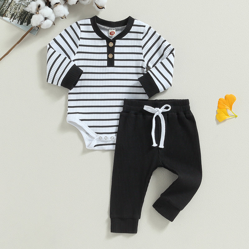 Lioraitiin Infant Baby Boy Fall Outfit – Striped Romper & Pants Set 0–24M