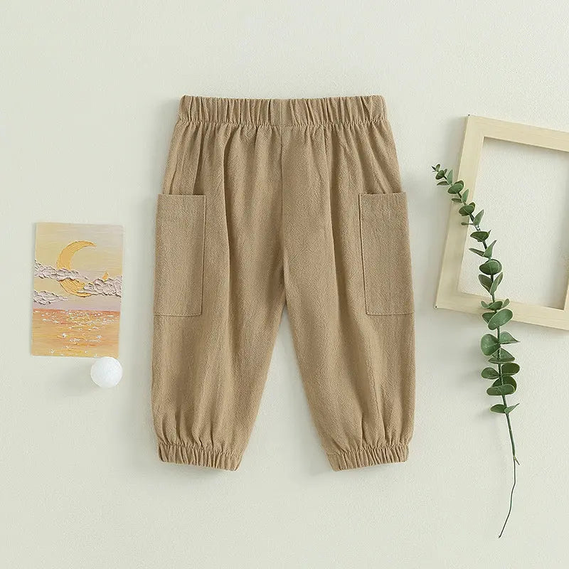 Cotton Linen Casual Baby Pants Toddler Boys Girls Casual Bottom Summer Autumn Solid Drawstring Button Children Pockets Trousers