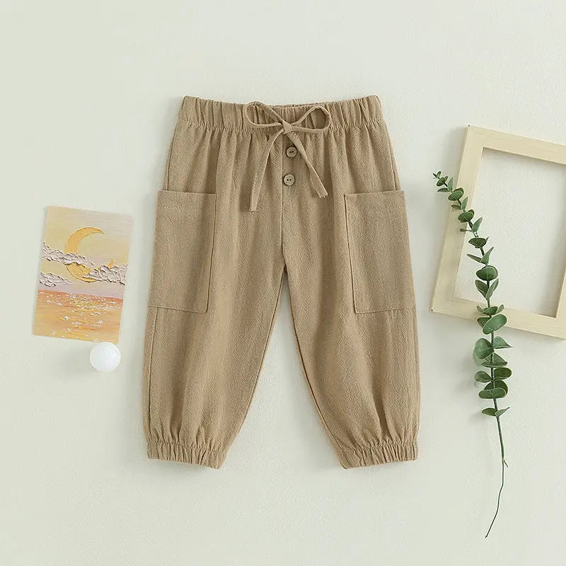 Cotton Linen Casual Baby Pants Toddler Boys Girls Casual Bottom Summer Autumn Solid Drawstring Button Children Pockets Trousers