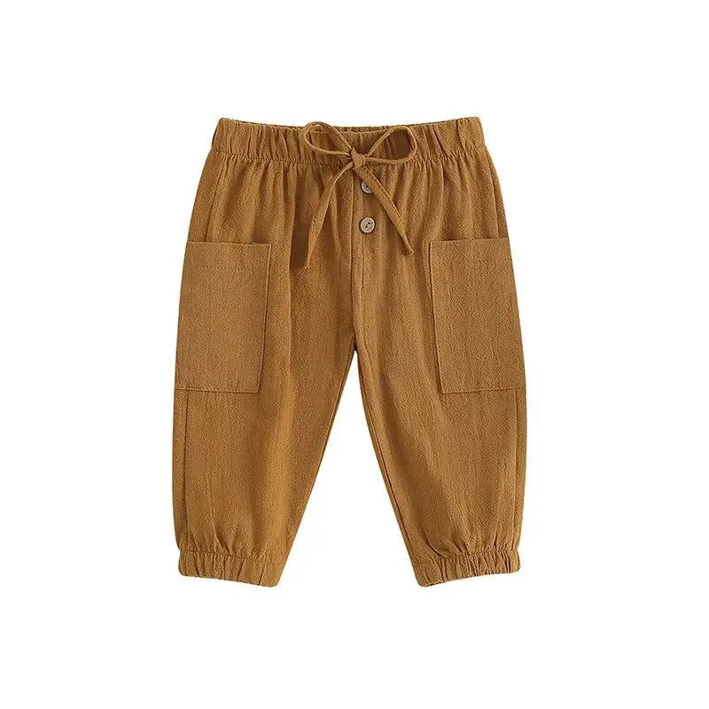 Cotton Linen Casual Baby Pants Toddler Boys Girls Casual Bottom Summer Autumn Solid Drawstring Button Children Pockets Trousers